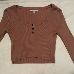 American Eagle Outfitters Ribbed Button-Front Top - Tan